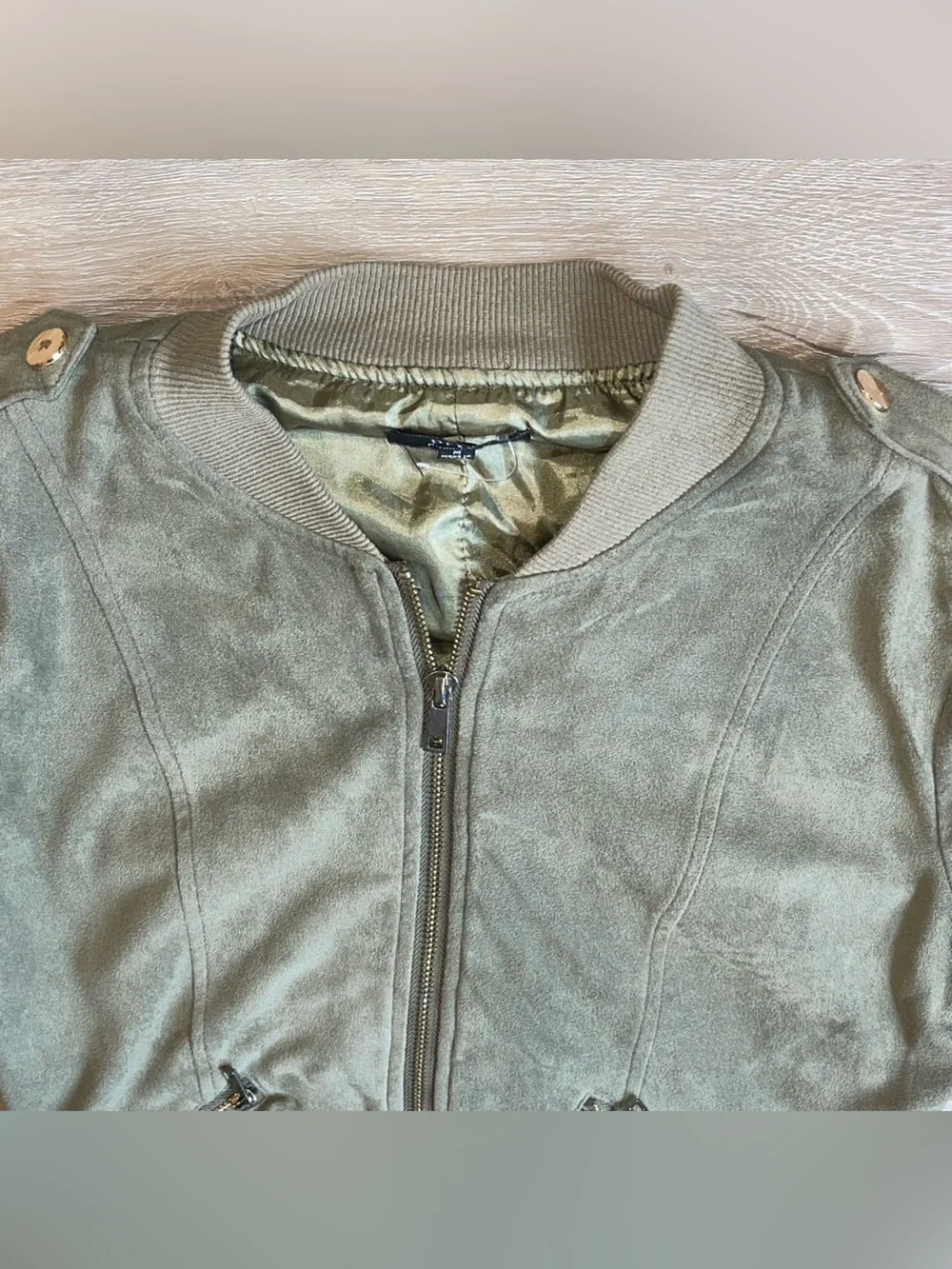 Privy womens bomber jacket M Olive Green faux suede